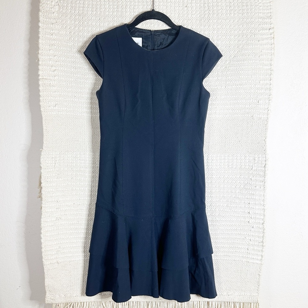 AKRIS PUNTO navy blue cap sleeve Italian jersey drop waist dress 4